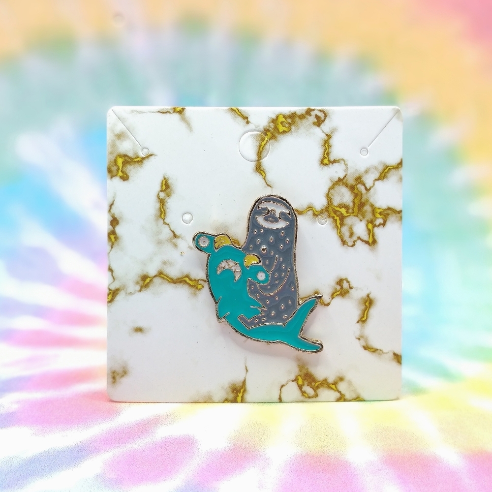 Shark Riding Sloth Enamel Pin Lapel Brooch